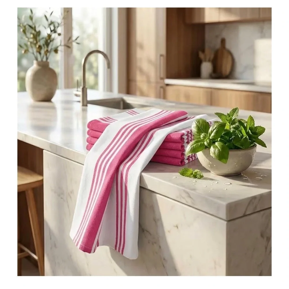 Urban Villa 6 Pack Kitchen Towels 20x30 XL 100% Cotton Pink White Stripe